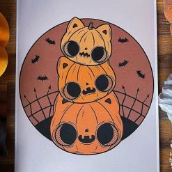 Hot Sale ❤️ PVMPKIN ART Bats Cat-O-Lantern Stack | ART PRINT 🎁